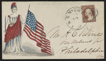 Imagen de un sobre del período de la Guerra de Secesión que representa a Columbia con una espada en una mano y la bandera norteamericana en la otra. <br>© Library of Congress.